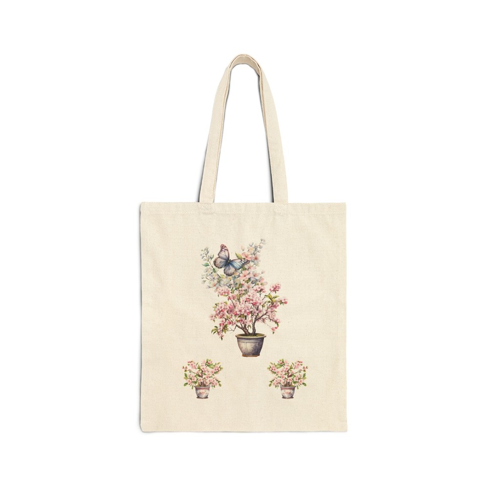 Eco Friendly Cotton Canvas Tote Bag with Bonsai Butterfly Floral Design 15x16 Inches
