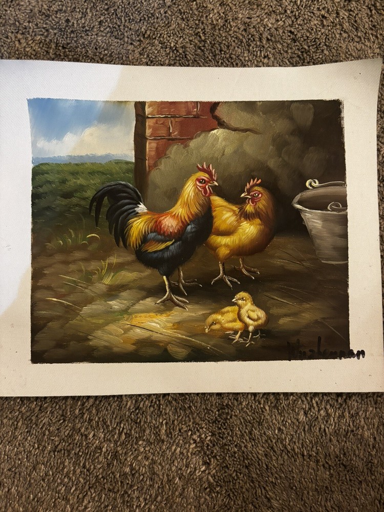 Chickens Bird Real Oil Painting On Canvas Background 9”x11”