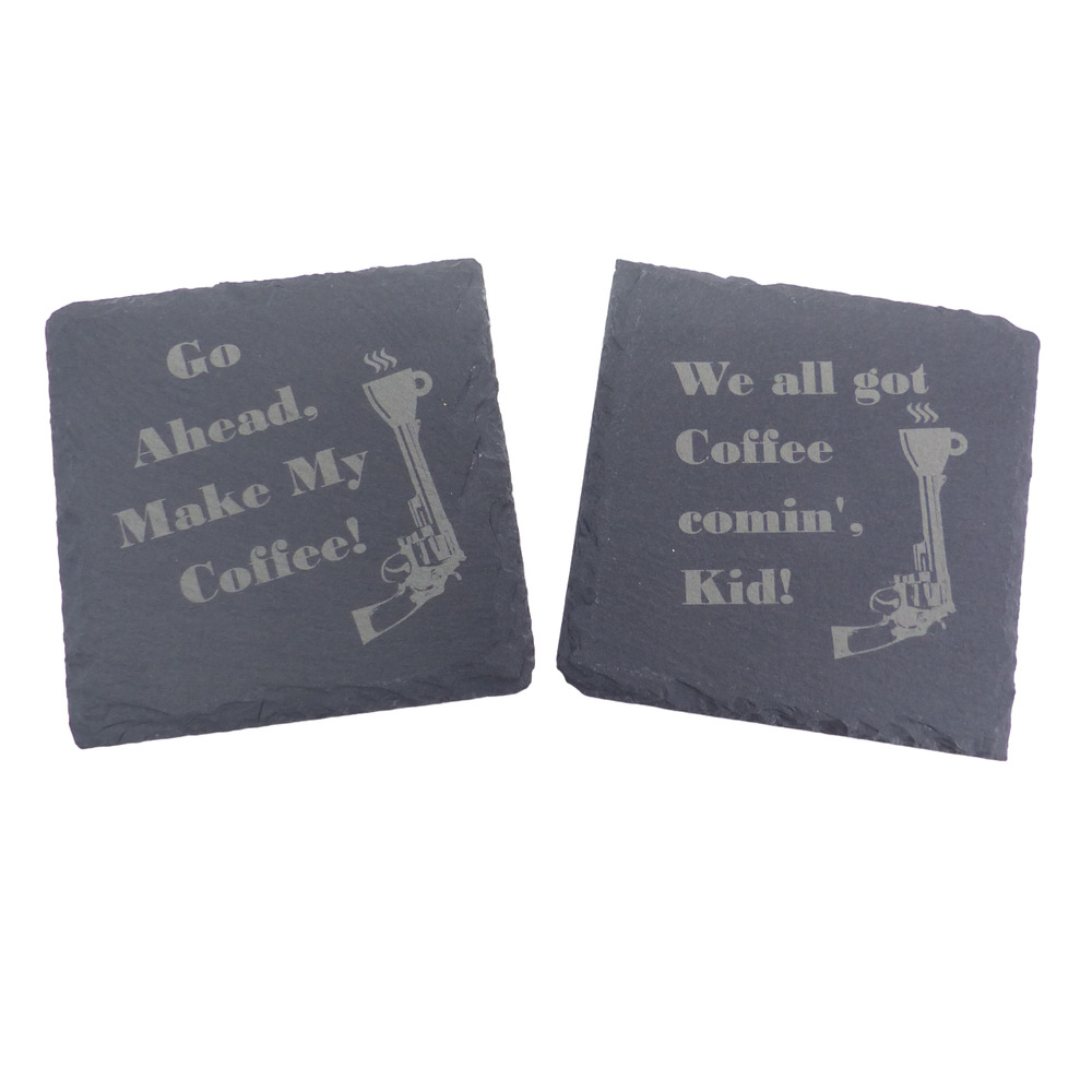 Laser-Engraved Square Slate Coasters with Funny Eastwood Coffee Quote, Handcrafted Set of 4