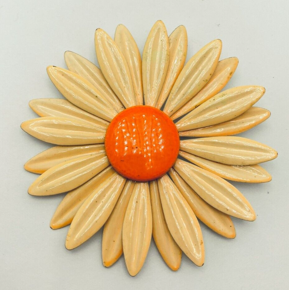 Vintage Mid-Century Yellow and Orange Daisy Enamel Metal Flower Brooch Pin