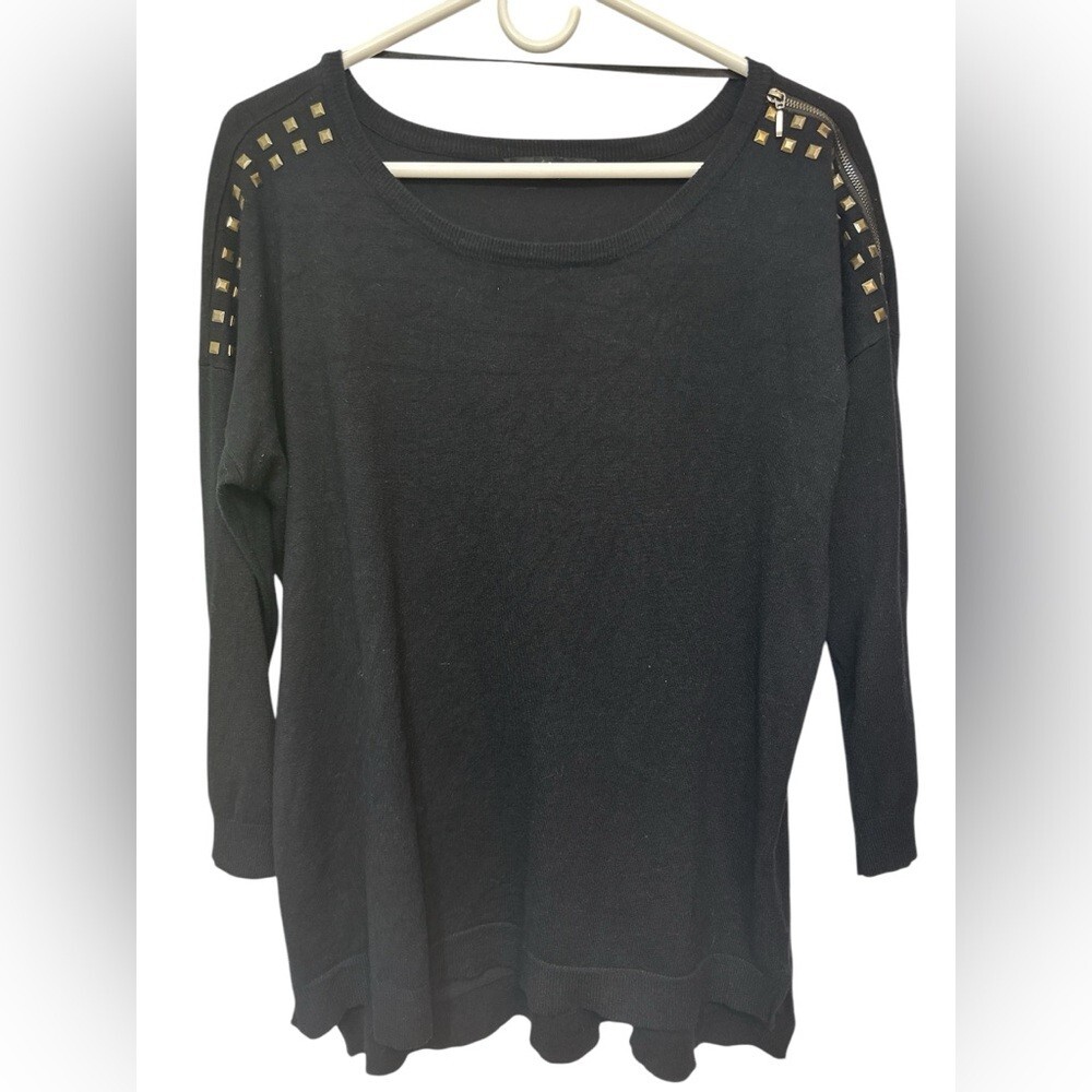 Black Studded Knit Long Sleeve Tunic Sweater for Women