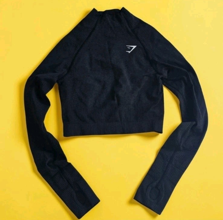 Gymshark Vital Seamless 2.0 High Neck Midi Top Crop Pullover Black Marl! M