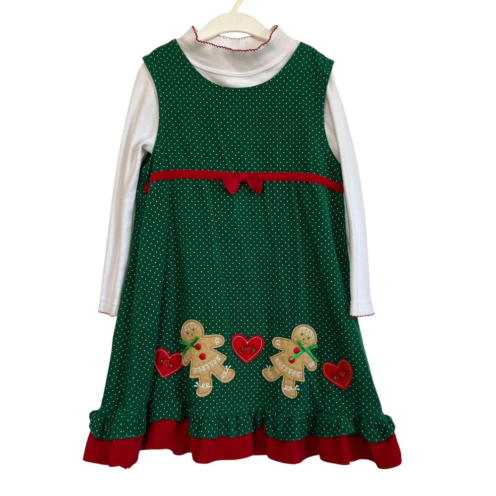 Vtg RARE TOO Green Corduroy Jumper Dress Set Gingerbread Family Heart Details 6X