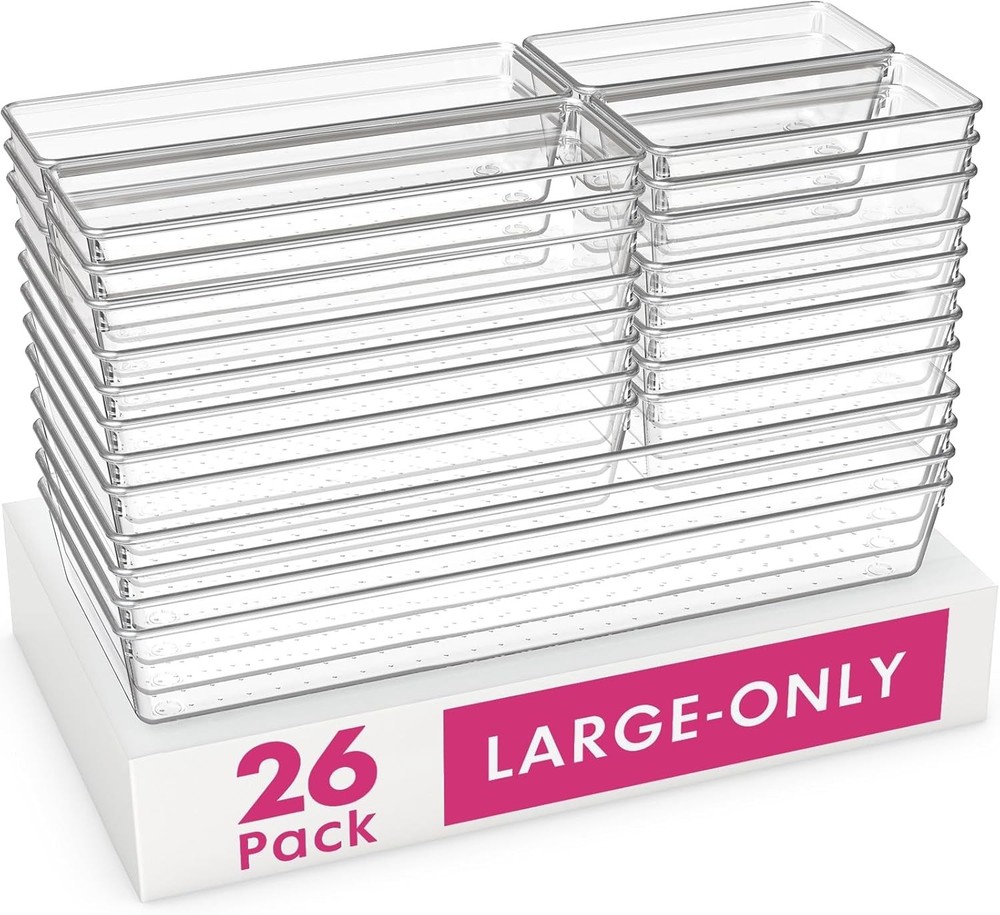 26 Pack Clear Plastic Drawer Organizer Bins 5 Sizes Acrylic Storage for Kitchen