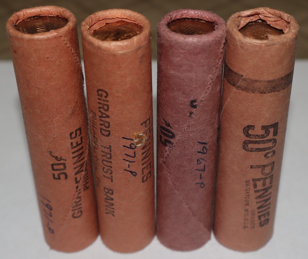 Original Bankwrapped 1967 & 1972 Lincoln Cent Rolls – 4 BU OBW Coins