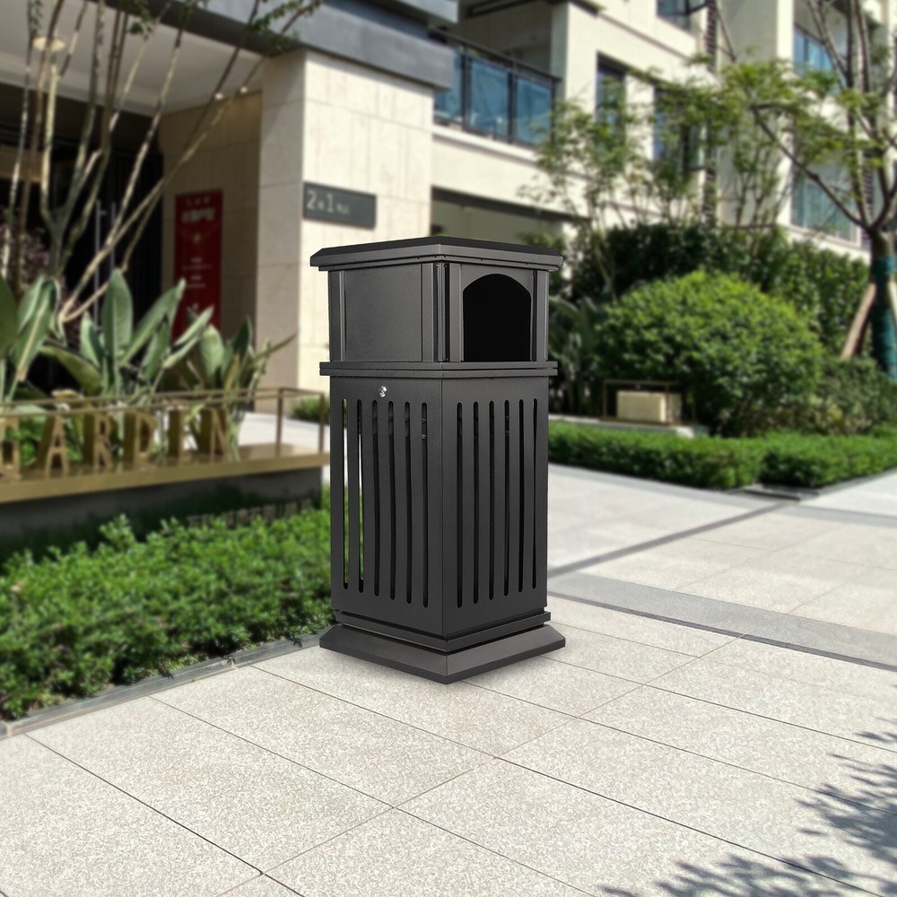 Trash Can Outdoor Dark Black Garbage Enclosure with Locking Lid Open Top inside