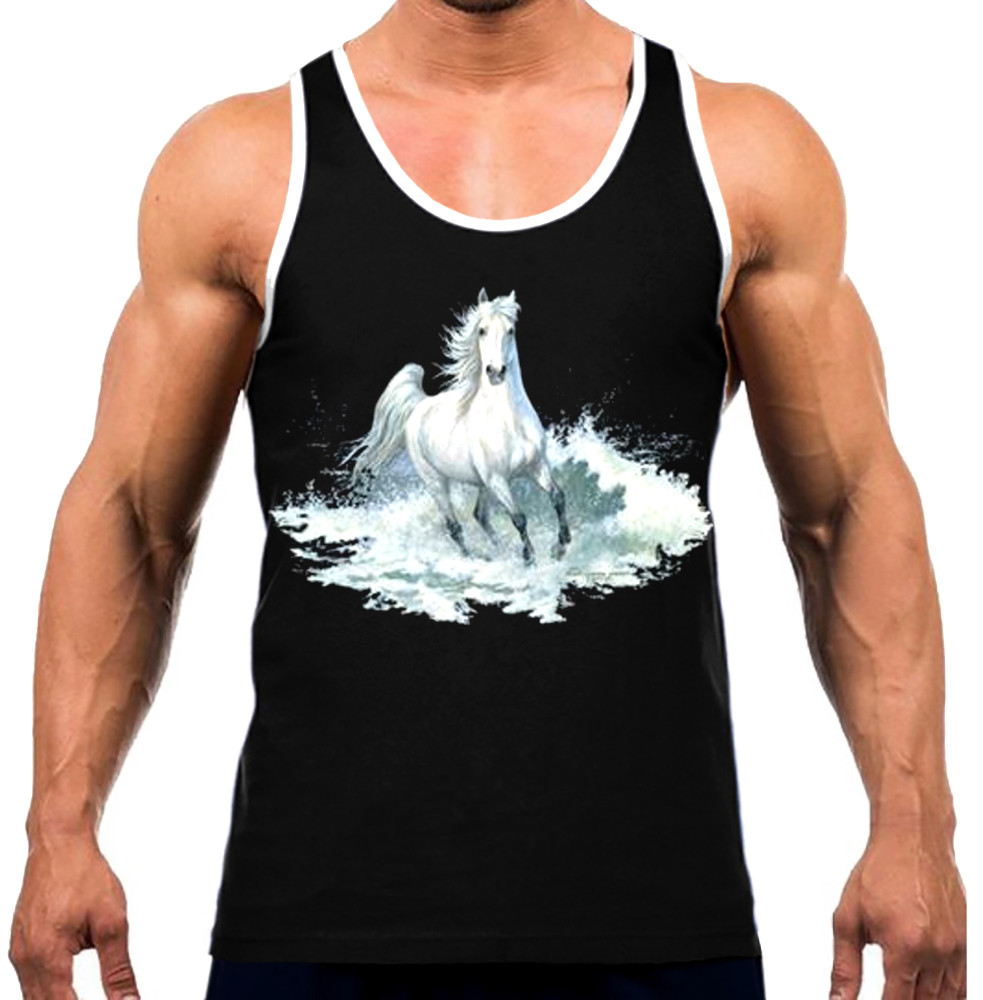 Men's American White Beach Horse Black Tank Top Pony Unicorn Animal Wildlife WT