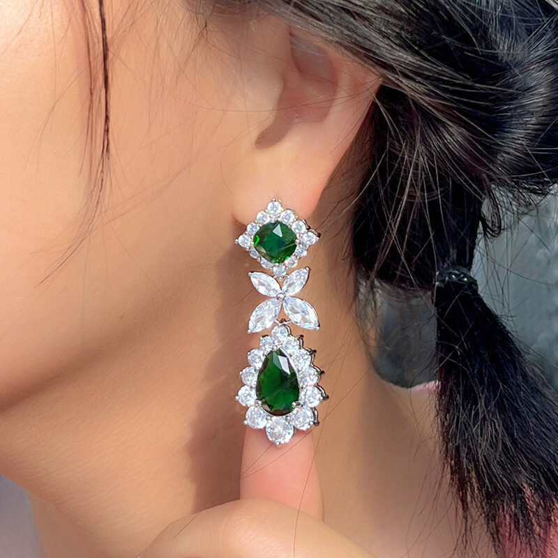 Women Elegant Silver Plated Green Zirconia Long Flower Leaf Dangle Drop Earrings