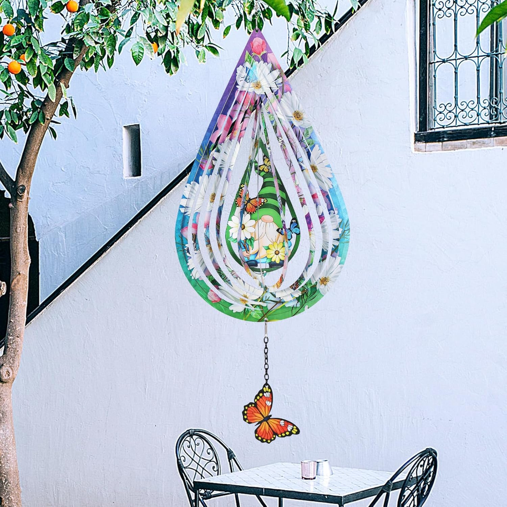 Gnomes and Butterfly Hanging Wind Spinners, Outdoor 3D Metal Sculptures for Gard