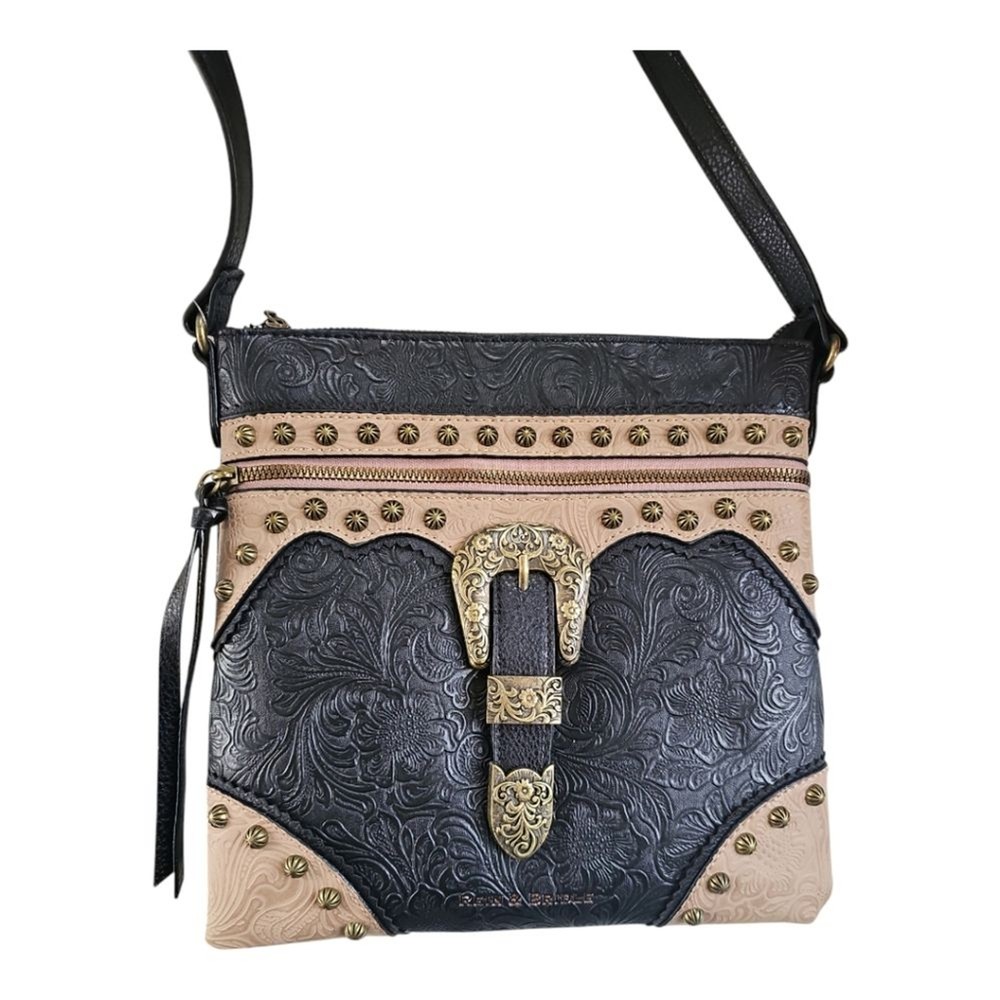Studded Buckle Crossbody Bag in Faux Leather with Rein & Bridle Embossed Design NWT