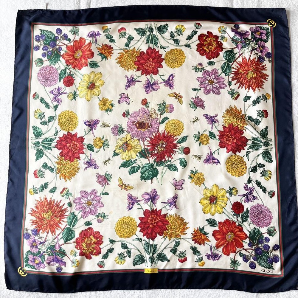 Luxury Gucci Dahlia Flora Sherry Line Silk Scarf 86cm From Japan
