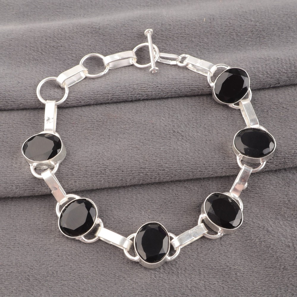 Faceted Root Chakra Black Onyx 925 Silver Bezel Chain Valentine Bracelet