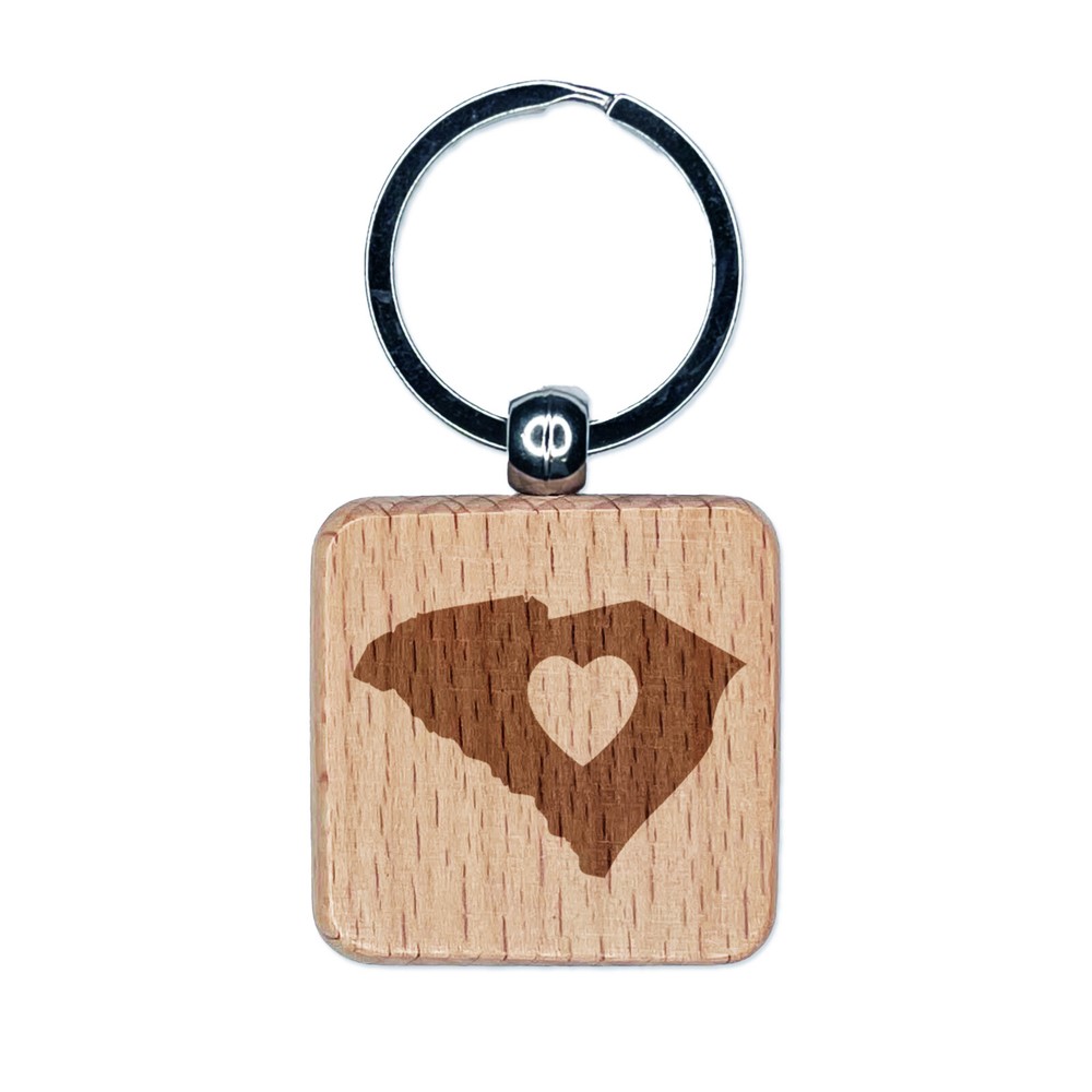 South Carolina State with Heart Engraved Wood Square Keychain Tag Charm