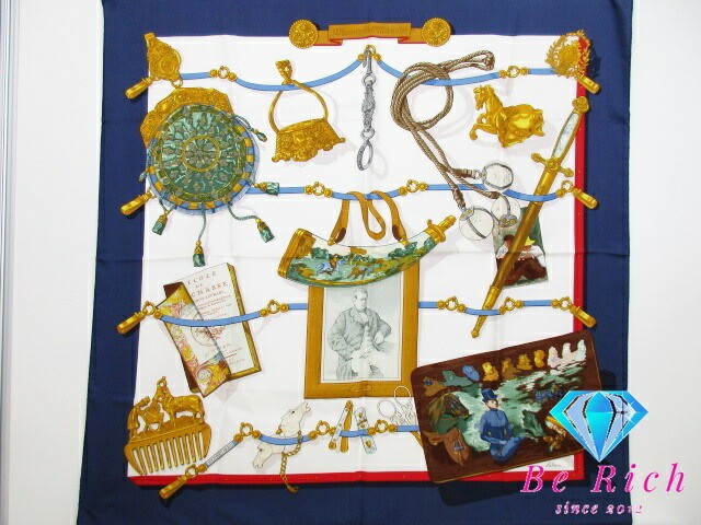 Hermes 90 Memoire D Memories Navy Multicolor Logo Silk Scarf Stole