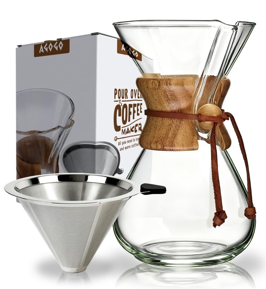 Pour Over Coffee Maker Glass - 6/8/10 Cup Barista Kit with 304 Stainless Filt...