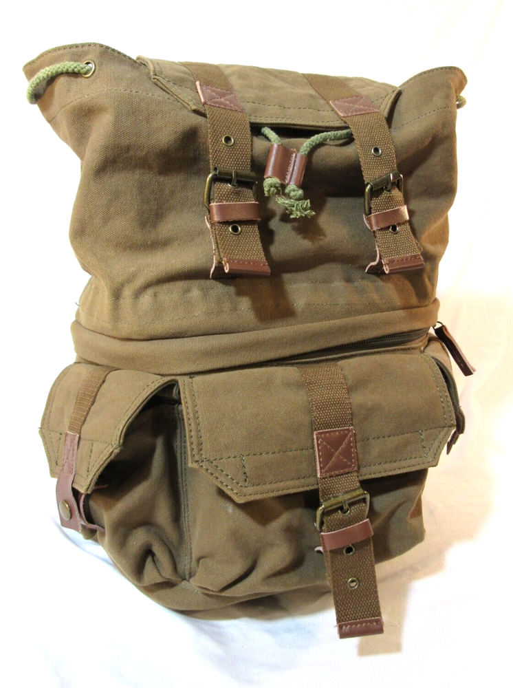 Outdoors Canvas Hiking Backpack Camera Bag Guang Tong Army Green w/Rain Cover