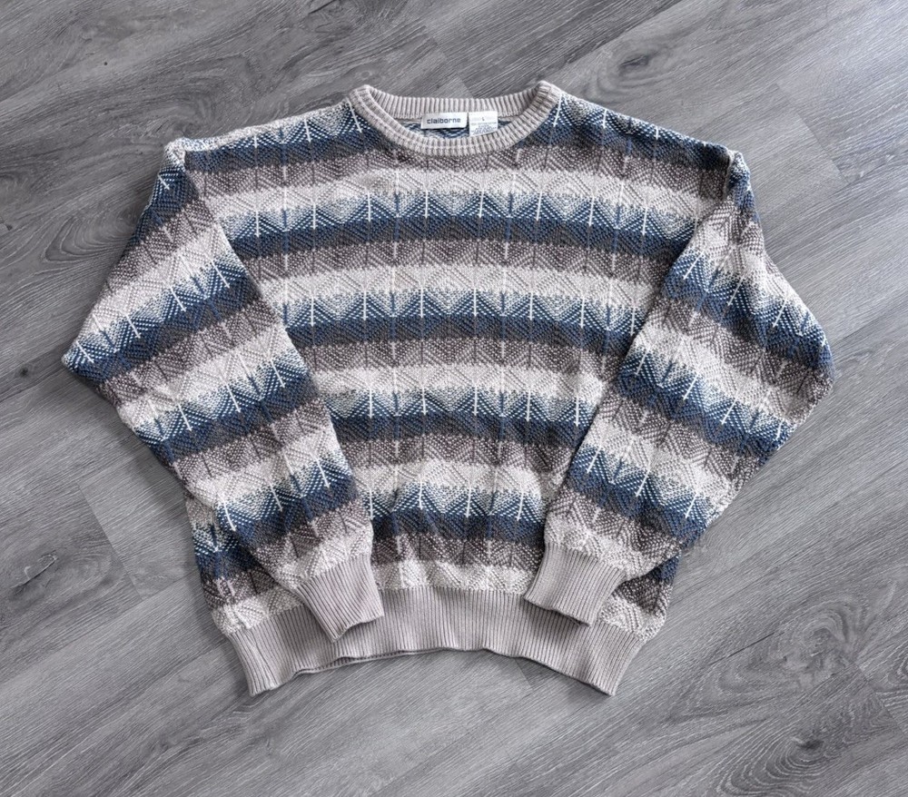 Vintage 90s Claiborne Striped Knit Blue & Tan Crewneck Sweater Men’s Large