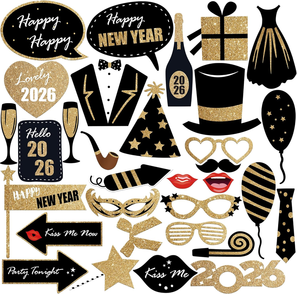 , Glitter New Years Photo Booth Props 2026 - Pack of 32 | New Years Eve Photo Bo