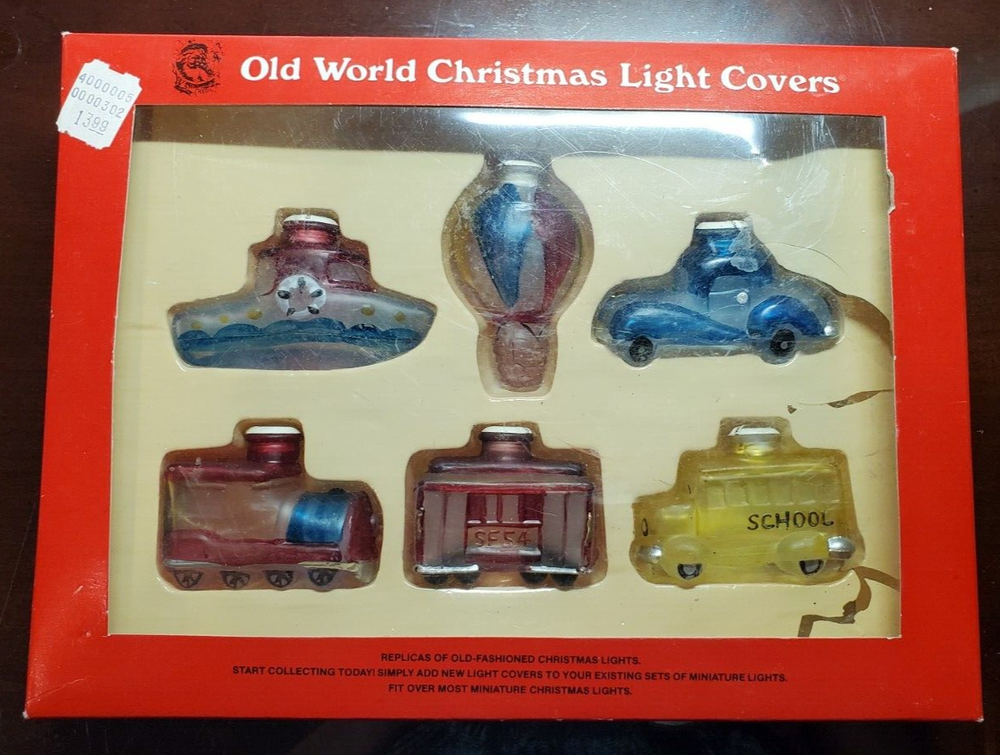 Vintage Old World Christmas Co Light Bulb Covers Glass 6 PC Set in Box Train Car