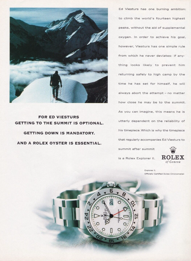 ROLEX Explorer Ed Viesturs 1999 Vintage Print Ad