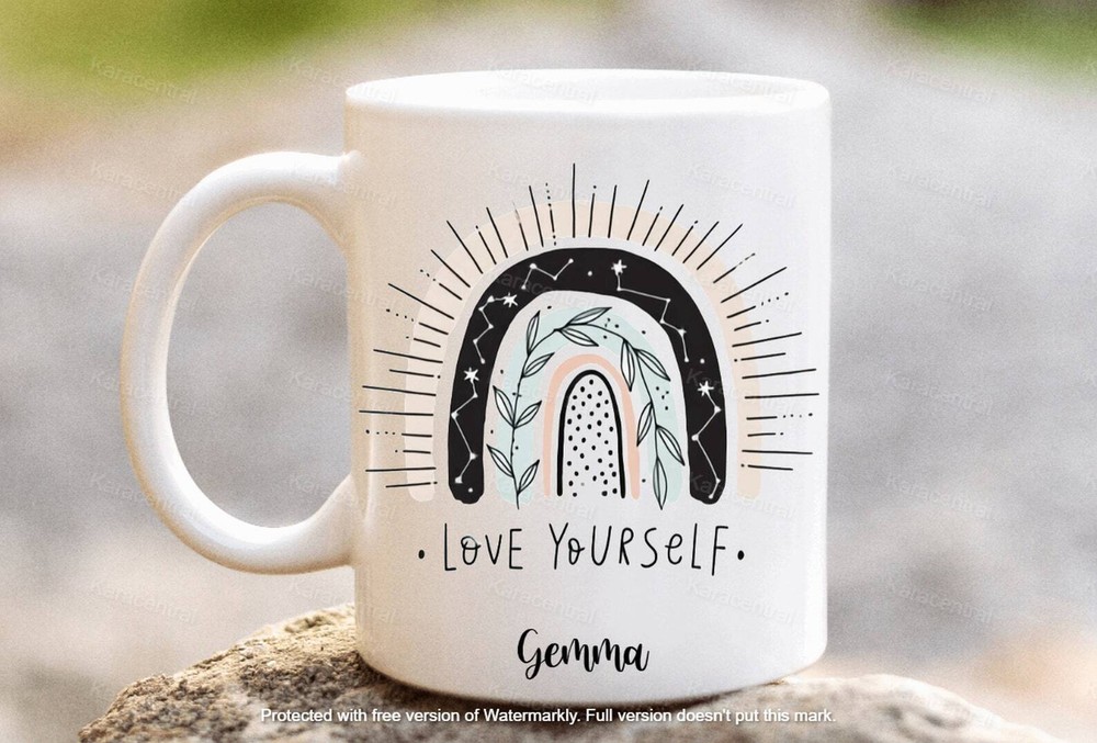 Personalised Rainbow Mug Boho Rainbow Tea Cup Love Yourself Mug Inspirational
