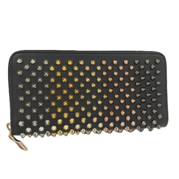 Pre-Owned Christian Louboutin Black Leather Spike Stud Round Zip Wallet