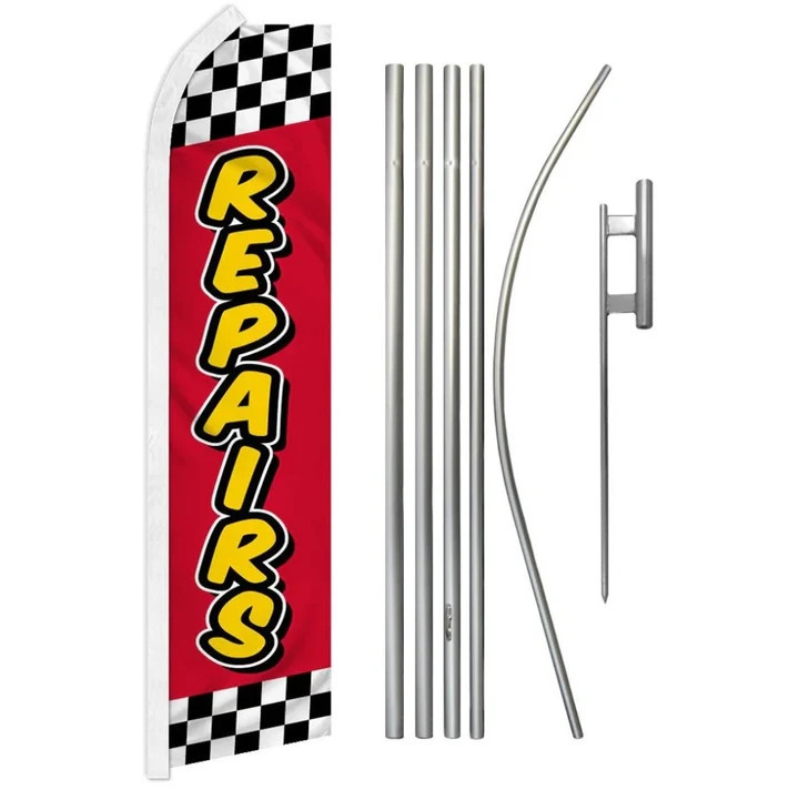 Repairs (Red Checkered) Swooper Flutter Feather Advertising Auto Flag & Pole Kit