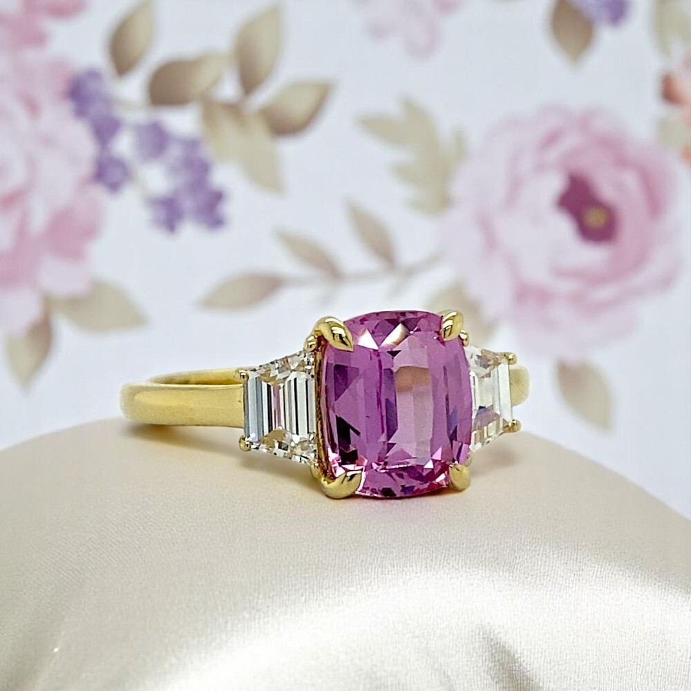 Lab Grown 18K Yellow Gold Diamond Wedding Ring 3.30 Ct Cushion Cut Pink Sapphire