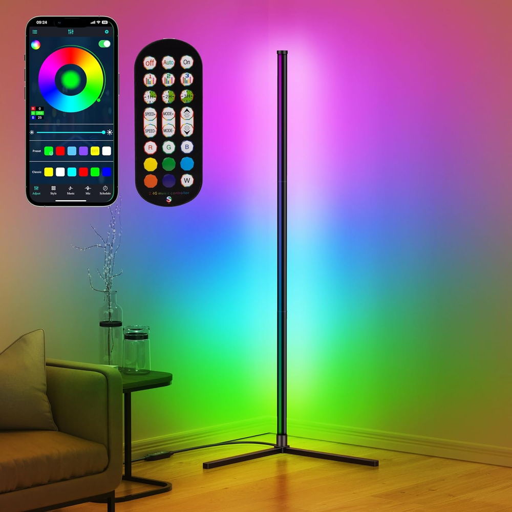 RGB LED Corner Floor Lamp with 16M Colors, APP & Remote Control