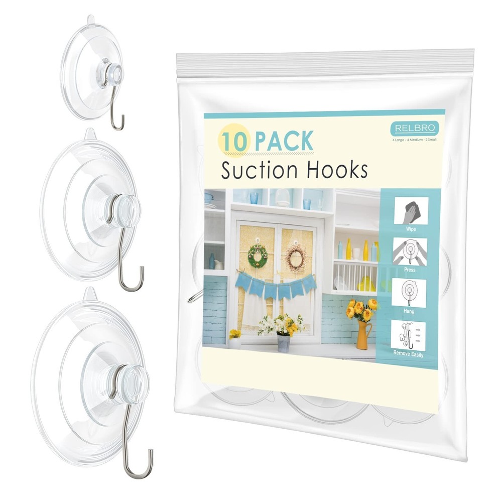 RELBRO Suction Cup Hooks, 10 Pcs Clear Suction Cups with Metal Hooks Combo Se...