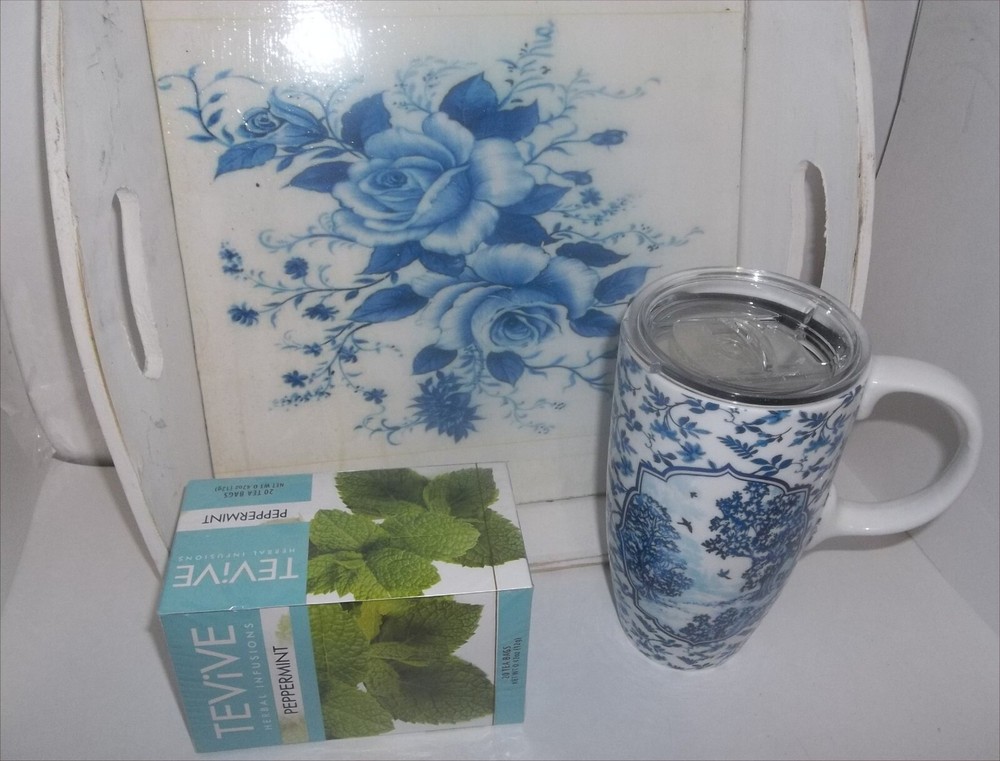 Mothers Day Blue Rose Ceramic Travel Mug Decorative Serving Tray CHIC Tea Gift-image