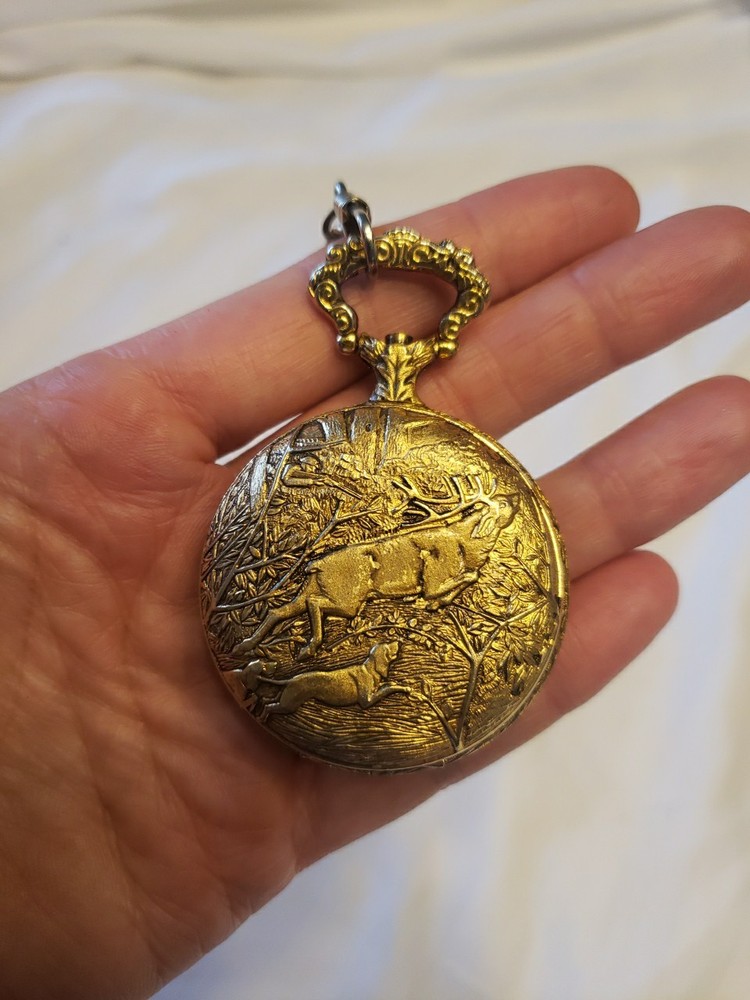 Vintage Majestime 17-Jewel Gold Tone Pocket Watch with Deer & Dog Engraving - Slight Damage