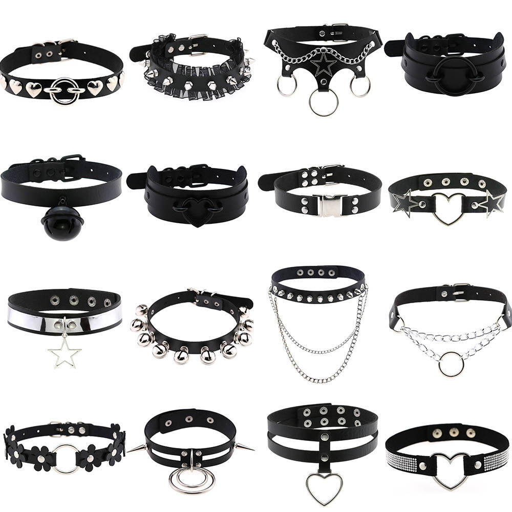 Black Gothic Punk Faux Leather Studded Choker Chain Necklace Adjustable