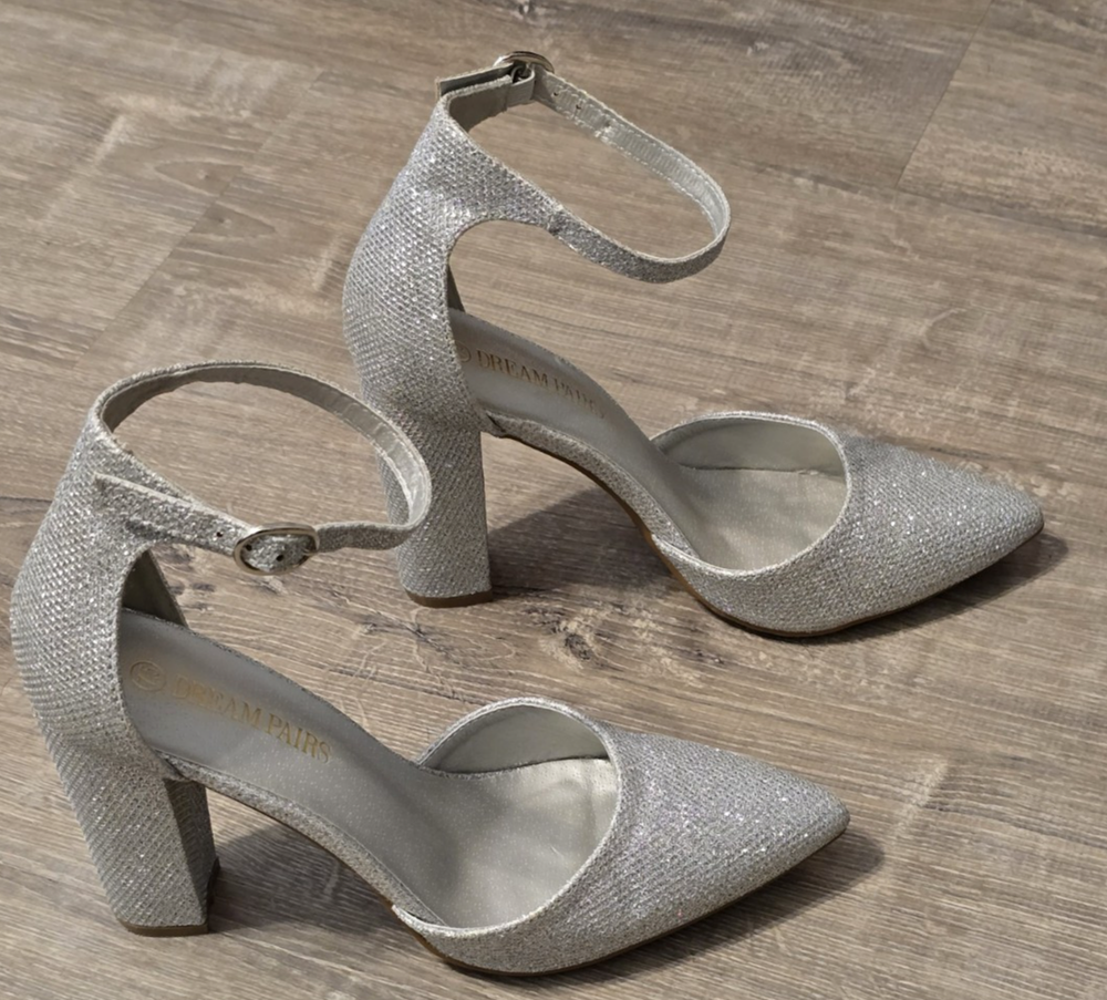 DREAM PAIRS Coco Women’s Size 7.5 Silver Sparkle Chunky High Heels with Pointed Toe for Elegant Style