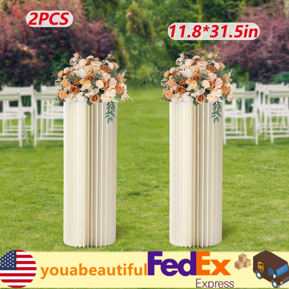 2 PCs Cardboard Cylinder Flowers Stand Foldable Columns Display Holder Wedding