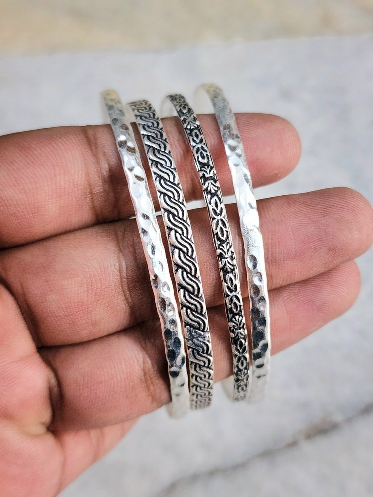 Beautiful Hammed Bangle Set Of 4 Silver 925 Sterling Handmade Jewelry Her D121