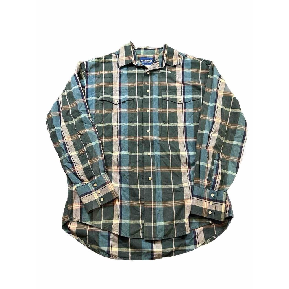 Wrangler Western Pearl Snap Long Sleeve Shirt Blue Plaid Mens Size Small
