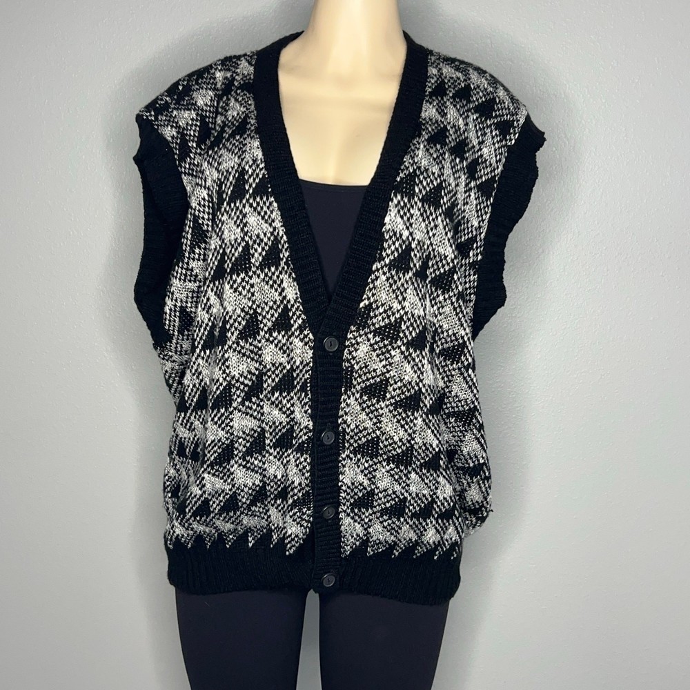 Vintage Sears Men’s Black White Patterned Sweater Vest Button Front XL grandpa