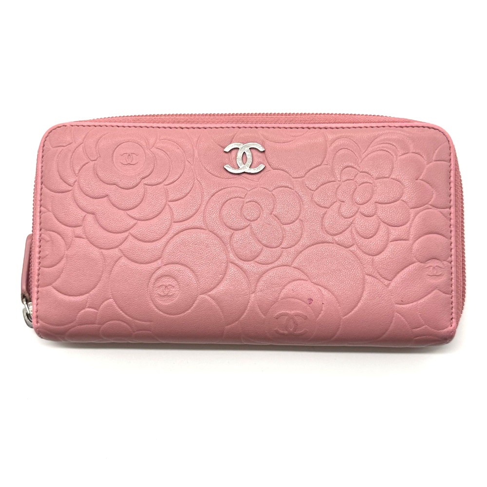 CHANEL Camellia Zip Wallet Lambskin Leather Pink Coco Mark Authentic