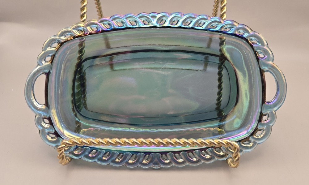 Vintage Indiana Carnival Glass Iridescent Blue Butter Dish Tray  