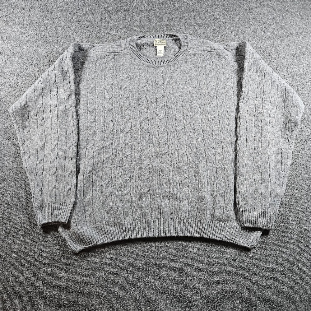 L.L.Bean Sweater Mens XL Gray Lambswool Cable Knit Crewneck Winter Pullover