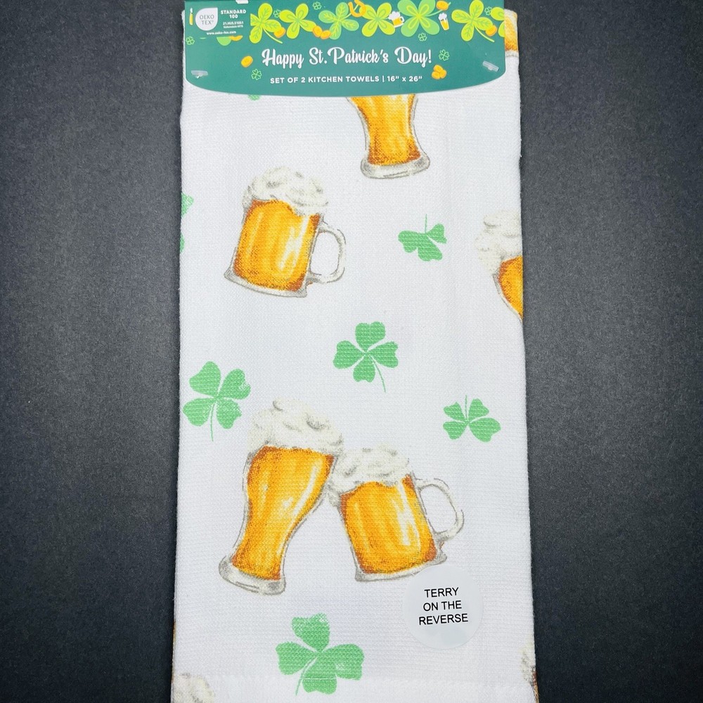 St. Patrick’s Day 2 Pack Kitchen Hand Towels Clovers Green Irish Pub Beer Cheers