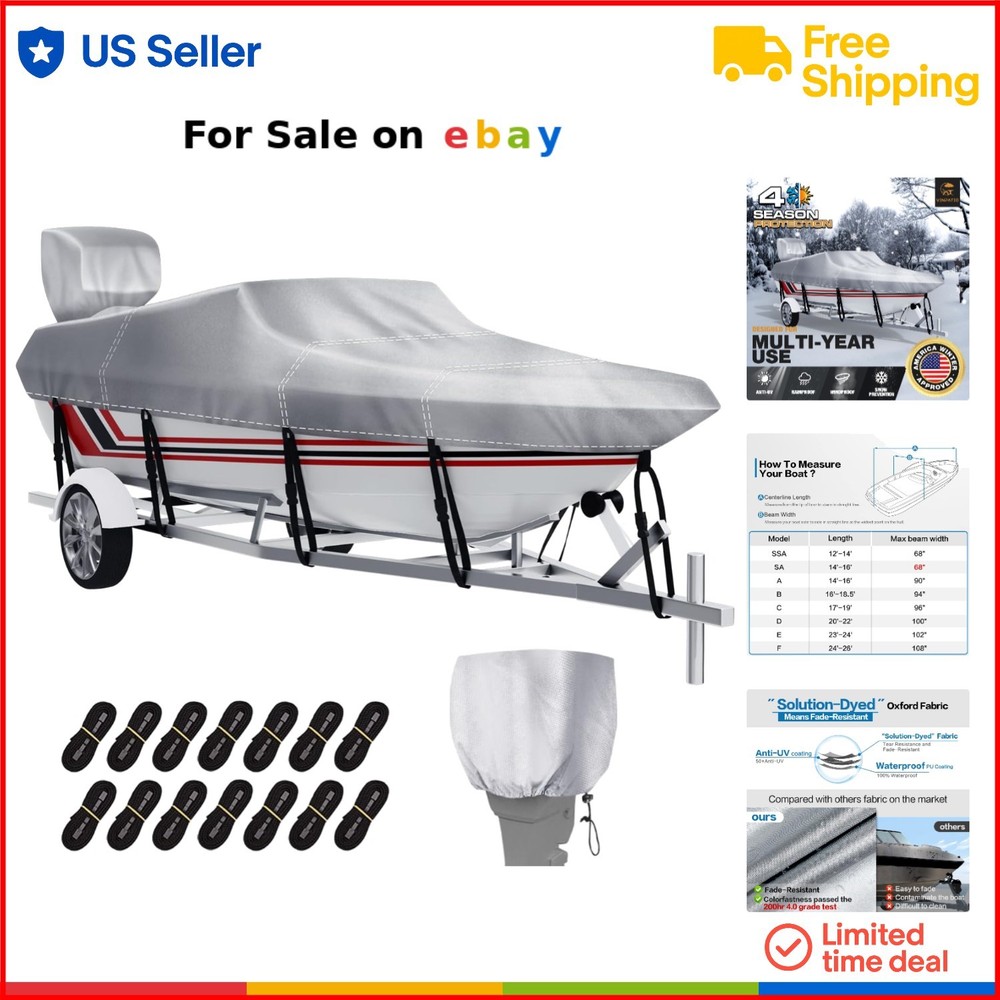 Heavy Duty Waterproof V-Hull Boat Cover for 14-16 ft Trailerable Marine
