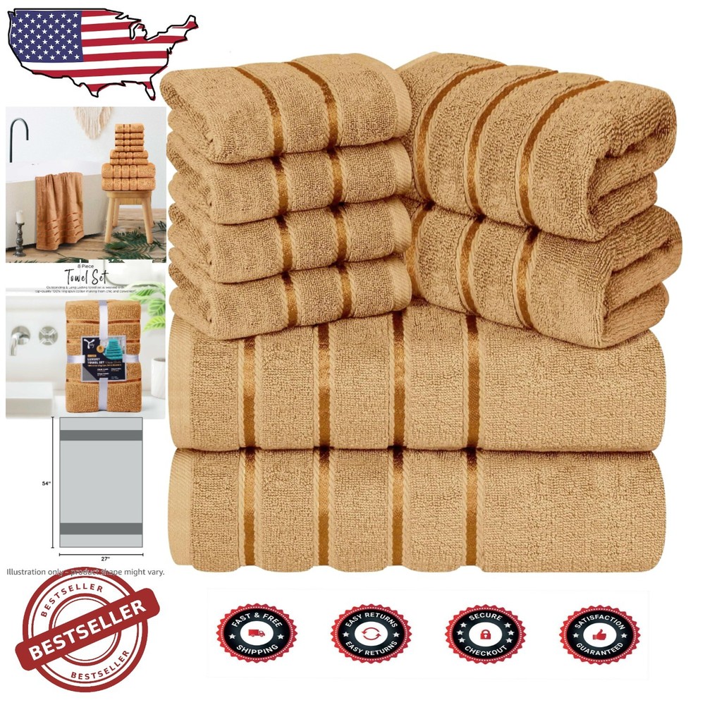 8-Piece Bath Towel Set - 600 GSM Cotton with Elegant Viscose Border
