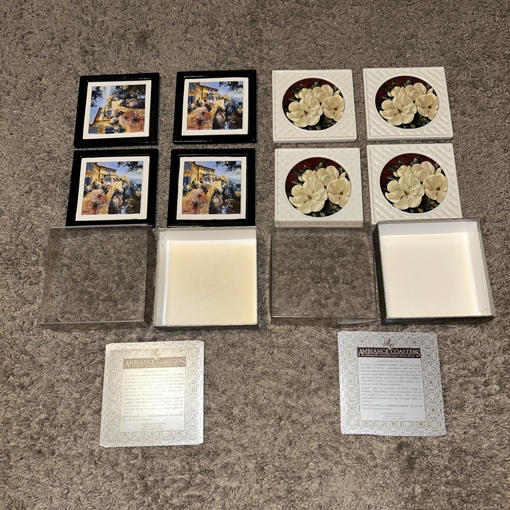RARE Set Of 8 Thirstystone Ambiance Coasters Magnolias Ceramic Cork Backed 2004