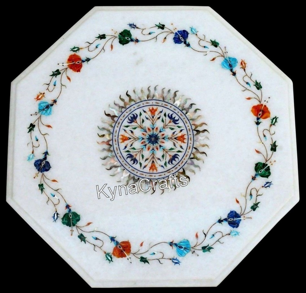 Octagonal White Marble Coffee Table Top Semi Precious Stone Inlay Work End Table