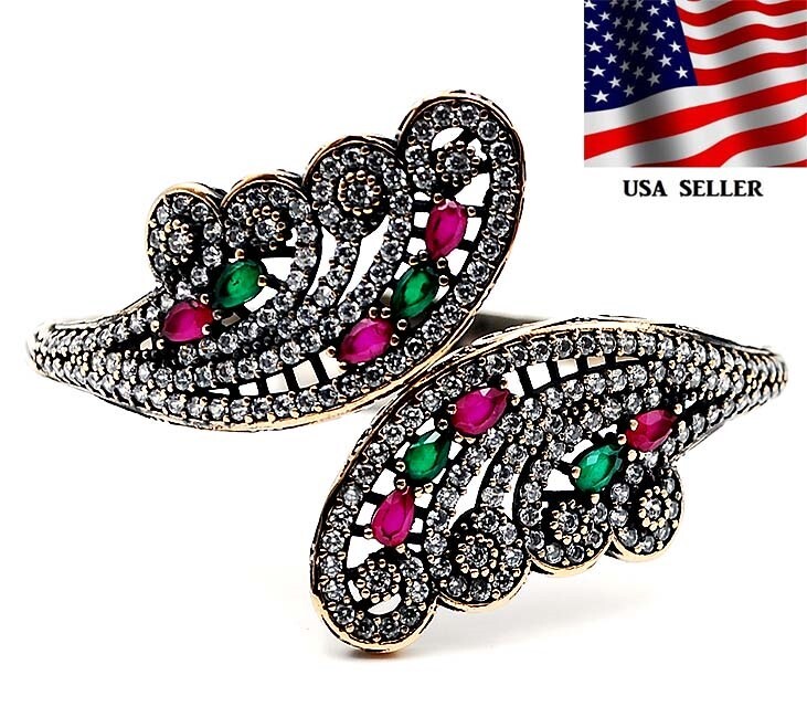 Ottoman Empire-Inspired 15CT Treated Emerald Ruby 925 Sterling Silver Bracelet