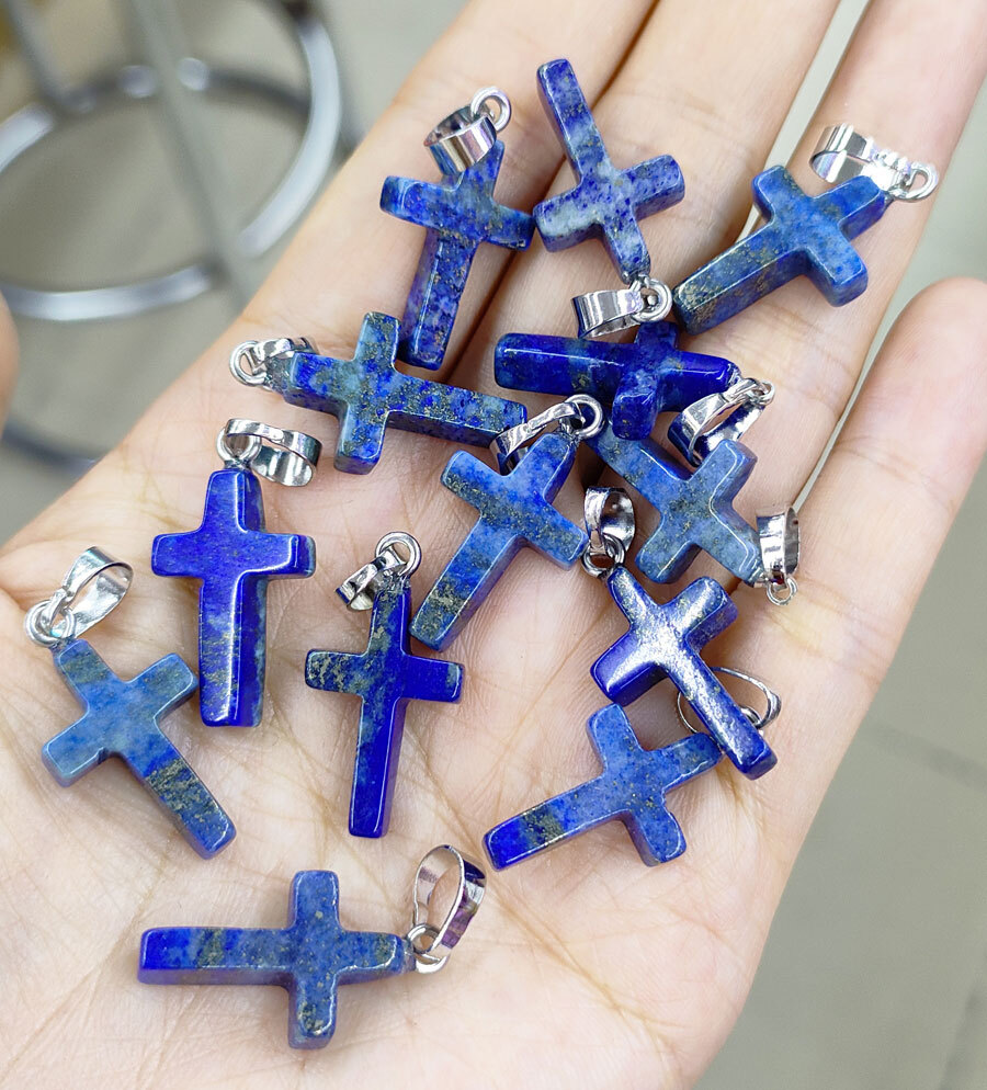10pcs Natural Lapis Gems Cross Pendants Amulet stainless steel