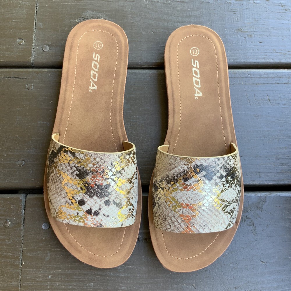Gold Metallic Snake Print Slide Sandals Size 10