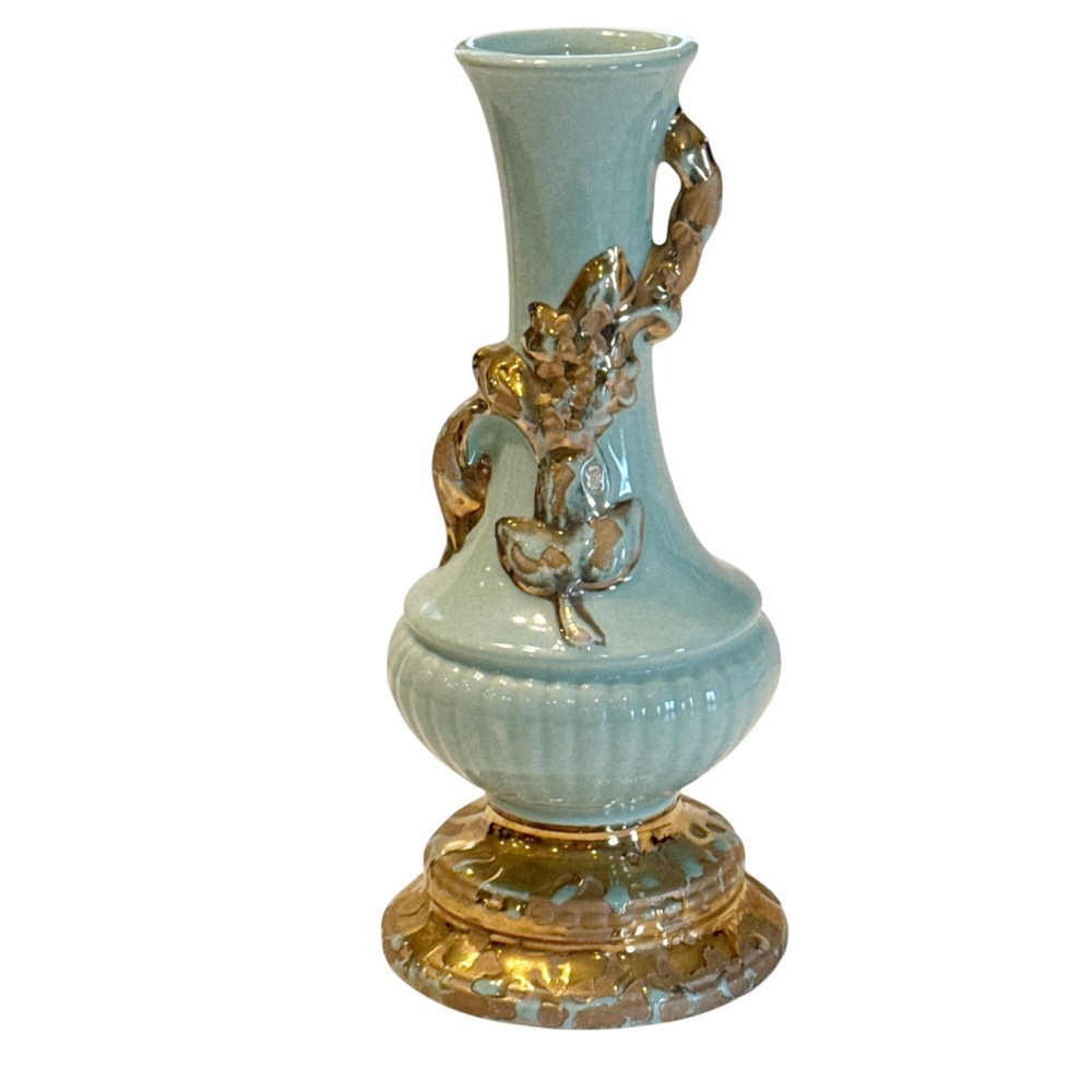Vintage Hollywood Regency 24kt Gold Textured Vase with Offset Handle and Footed Base